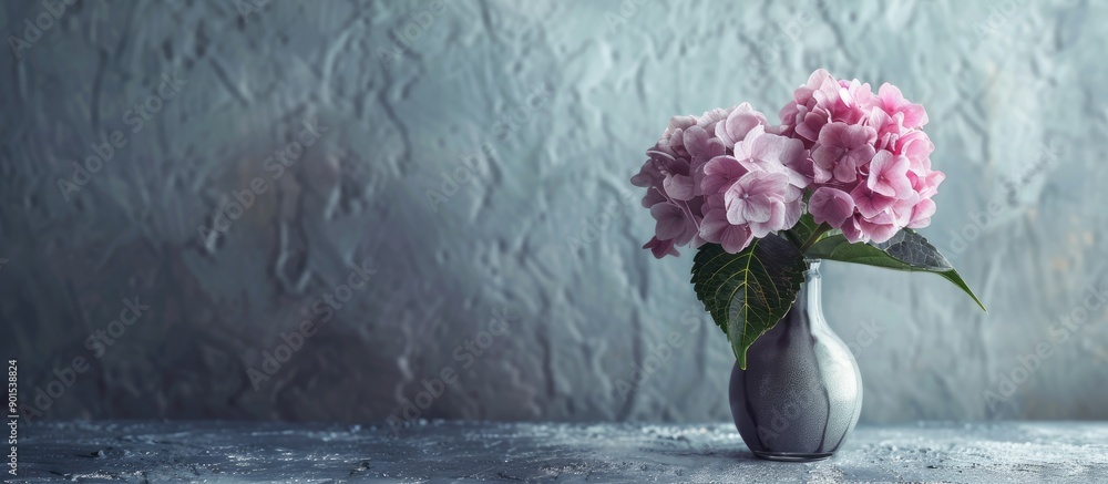 Poster hydrangea in a vase on a table with copy space image.