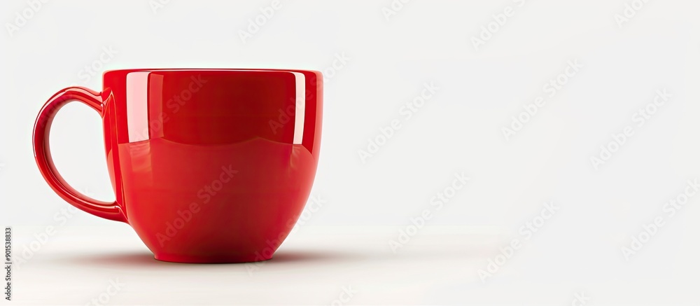 Poster red coffee cup close-up on white backdrop with clipping path for a copy space image.