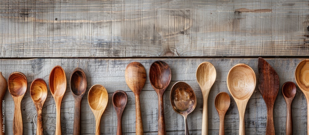 Poster Wooden spoons of various sizes displayed on a textured wooden surface from a top-down perspective in a photo with ample empty space.