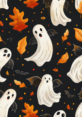 Whimsical autumn pattern with ghosts, bats and falling leaves for Halloween celebration.