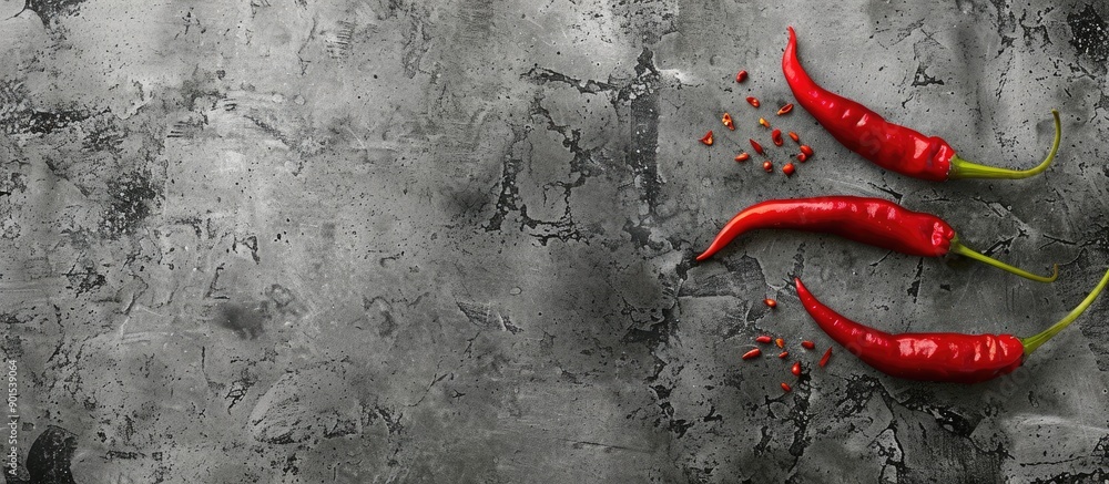 Poster top view of red chili peppers on a grey concrete surface with a designated area for additional text 