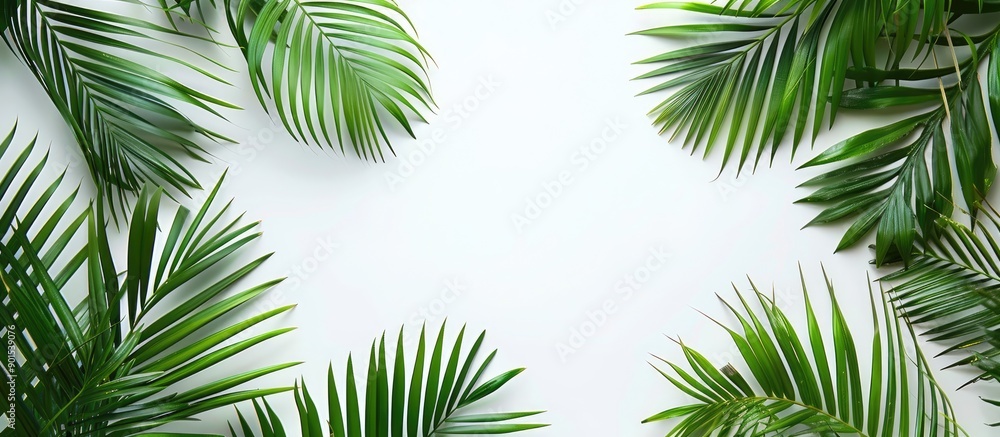 Poster lush palm leaves against a white backdrop evoke a summer theme in a flat lay, offering a top view wi