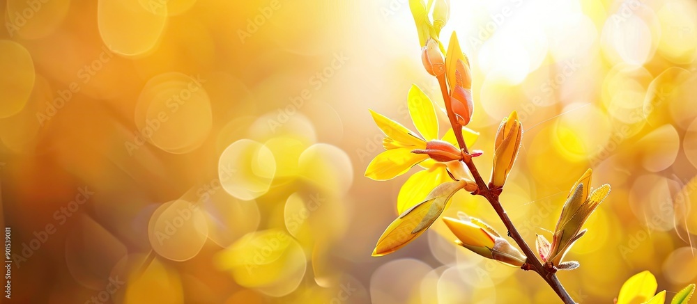 Poster vibrant close-up of a new yellow forsythia bud in vivid nature setting with blurred backdrop and emp