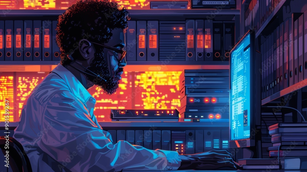 Poster young man analyzing data in a dark office surrounded by colorful computer screens. generative ai