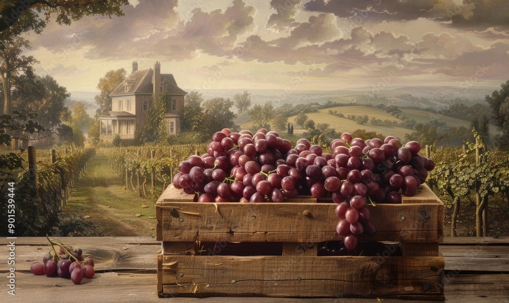 Poster grapes in a crate with a scenic countryside background