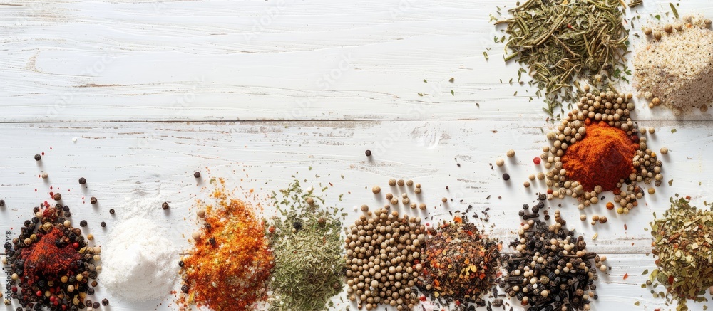 Poster top view of a variety of spices on a white wooden backdrop, featuring a blank area for additional co