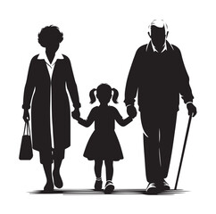 grandparents walking with granddaughter Silhouette  vector Illustration icon