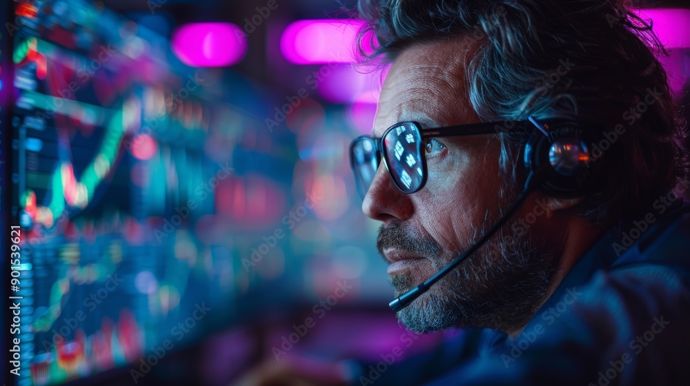 Poster focused trader analyzing stock market trends in a vibrant trading environment during evening hours. 