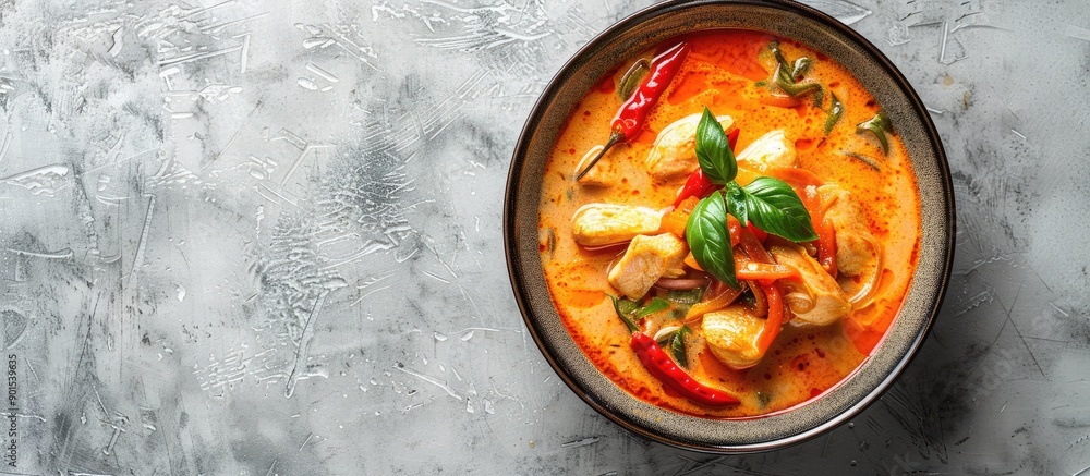 Poster traditional asian dish featuring red curry with chicken in a bowl on a light gray backdrop, captured