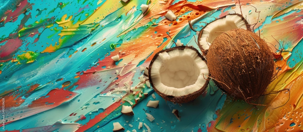 Poster top-down view of a shattered coconut on a vibrant backdrop with copy space image.
