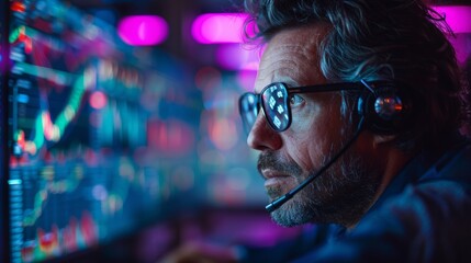 Focused Trader Analyzing Stock Market Trends in a Vibrant Trading Environment During Evening Hours. Generative AI