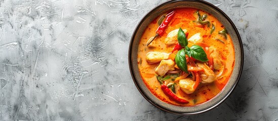 Traditional Asian dish featuring red curry with chicken in a bowl on a light gray backdrop, captured from above with empty space for text or design elements in the image. image with copy space