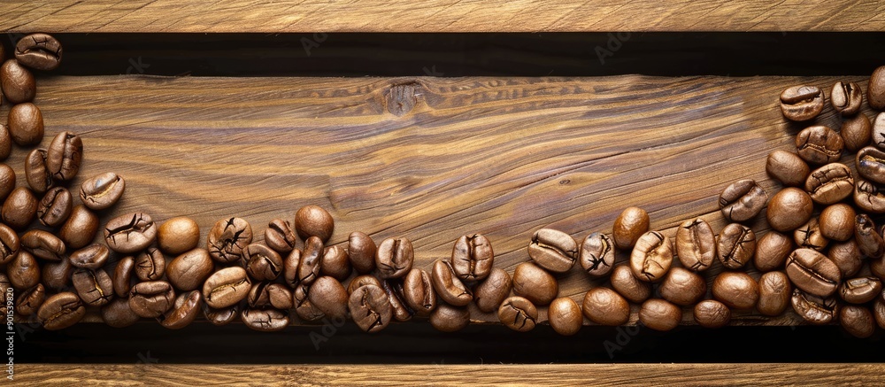 Poster top view of roasted coffee beans on a wooden surface with a clear area for text or graphics, creatin