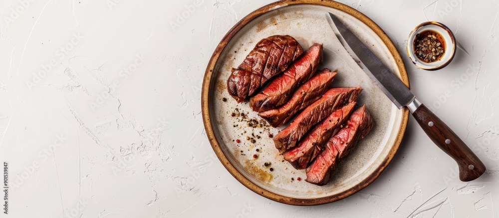 Poster sliced roasted hanger or onglet beef steak on a rustic plate with a cleaver, isolated on a white bac