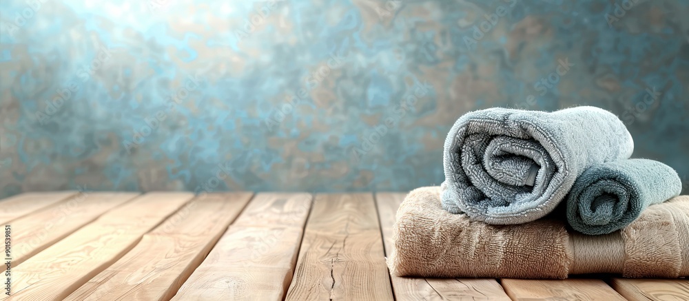Poster view of soft folded terry towels on a wooden table with ample space for text in the image.