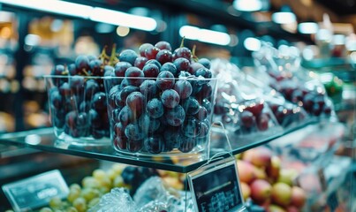 Grapes in a stylish glass container in grocery store
