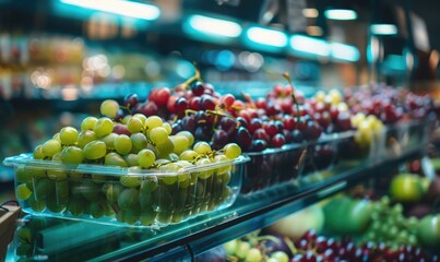 Grapes in a stylish glass container in grocery store