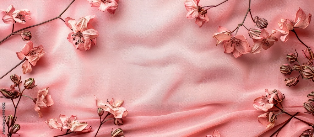 Poster top view mockup featuring dried pink fabalis flowers positioned on the left and right borders of a p