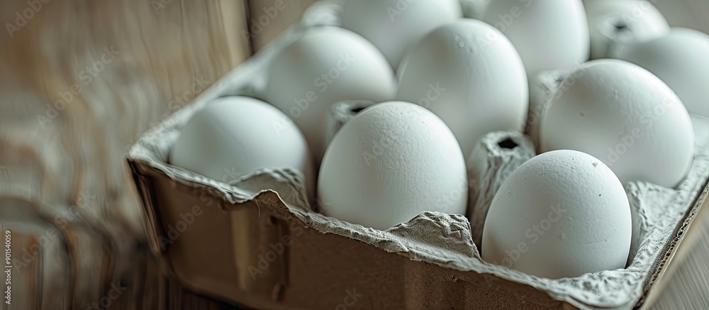 Poster organic white eggs from a farm are placed in a cardboard box on a wooden table. the closeup shot has