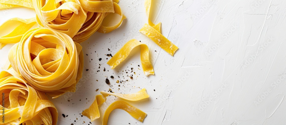 Poster tagliatelle pasta on a white backdrop with space for text or images. image with copy space