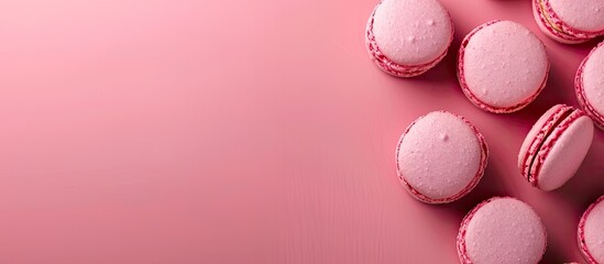 Fototapeta premium Macaroons dessert presented against a pink backdrop with ample copy space in a top-down view.