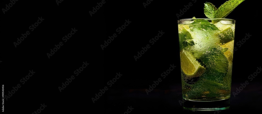 Poster Mojito cocktail displayed on a black background with space for text or images. image with copy space