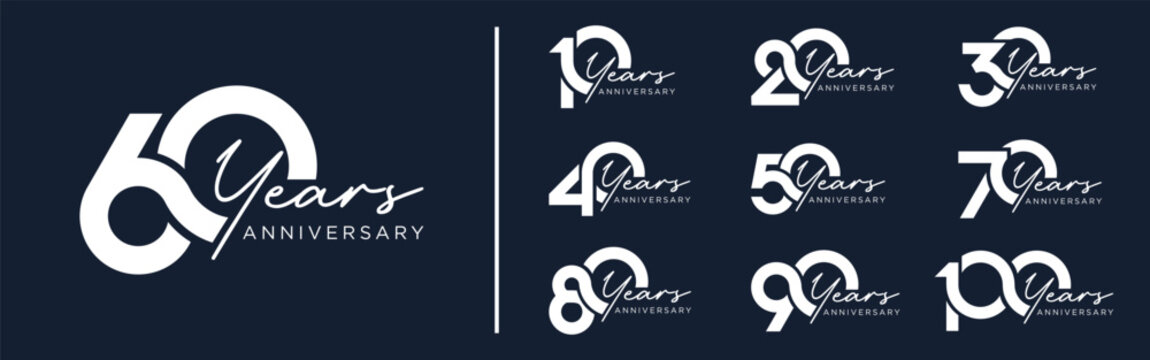 collection anniversary 10 to 100 year logo designs. abstract number for celebration event, wedding, greeting card, and invitation, vector illustration