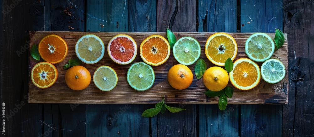 Poster various sliced citrus fruits displayed on a wooden board, seen from above in a visually appealing la