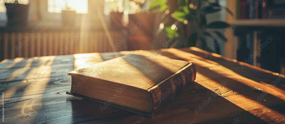 Poster morning sunlight shines on a book resting on a table with a copy space image.