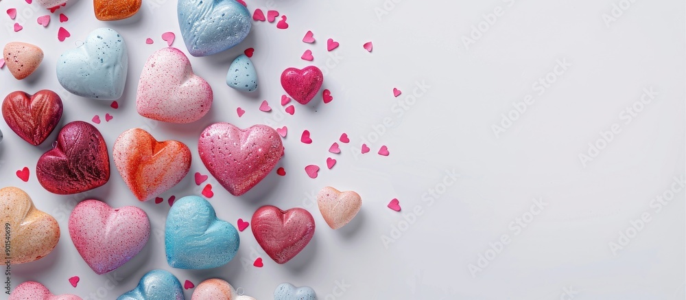 Poster valentine's day heart in various colors against a white backdrop, with a blank area for incorporatin