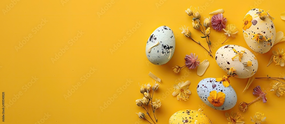Aufkleber top view of easter eggs adorned with dry flowers on a yellow background in a creative flat lay holid