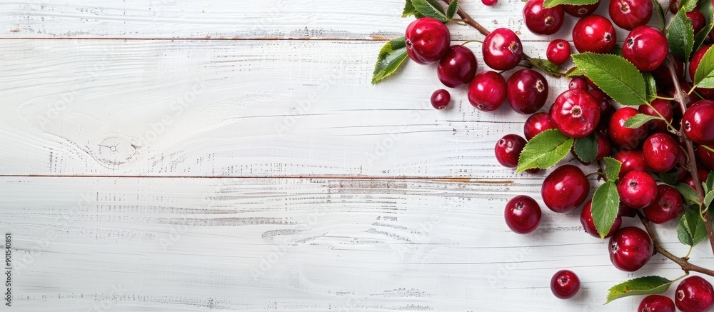 Poster top-down view of plump cranberries with branches on a white wooden surface, ideal for adding text wi