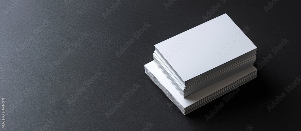Poster four blank business card stacks on a black paper background create a striking image with ample copy 