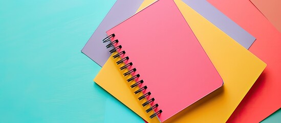 Top view of a pink notebook on a colorful background with copy space image.