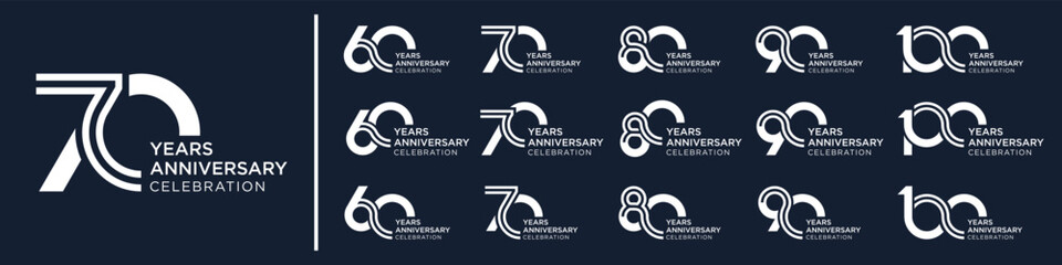 collection anniversary 60 to 100 year logo designs. abstract number for celebration event, wedding, greeting card, and invitation, vector illustration
