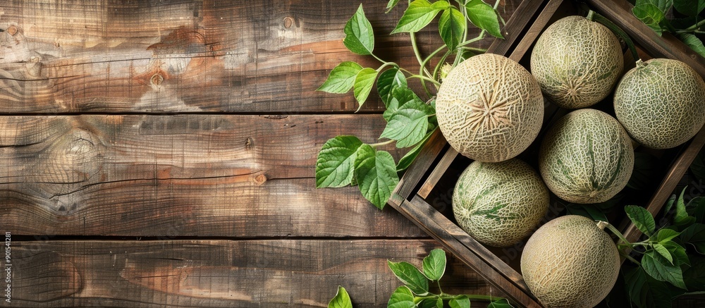 Poster top-down view of a wooden table with a crate containing ripe pepino melons and green leaves, suitabl