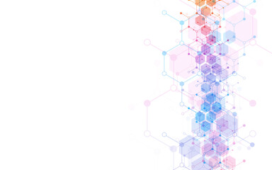 Hexagons pattern background. Genetic research, molecular structure. Chemical engineering. Concept of innovation technology. Used for design healthcare, science and medicine background