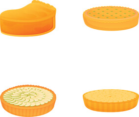 Homemade pie icons set cartoon vector. Fresh delicious pie whole and slice. Bakery, pastry, sweet food