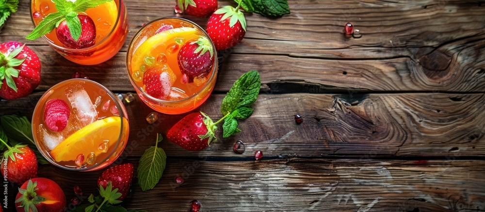 Poster peach and strawberry fizz - a refreshing summer drink with copy space image.
