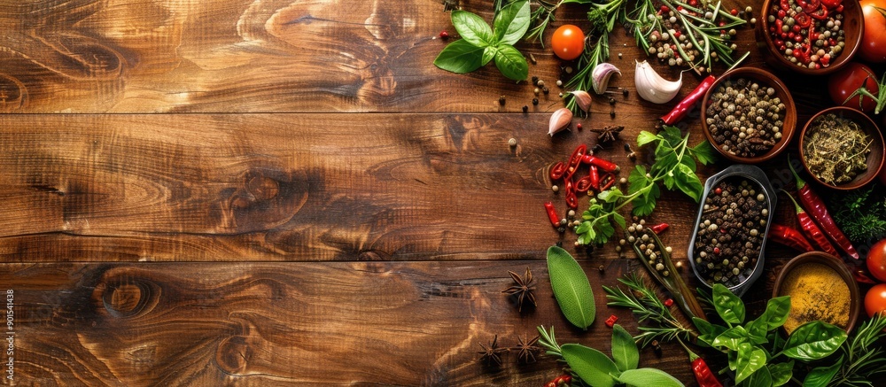 Poster top view of a wooden table beautifully adorned with an array of spices and herbs, creating a vibrant