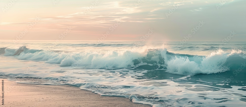 Poster soft pastel waves create a tranquil and soothing atmosphere in this serene seascape, presenting a re