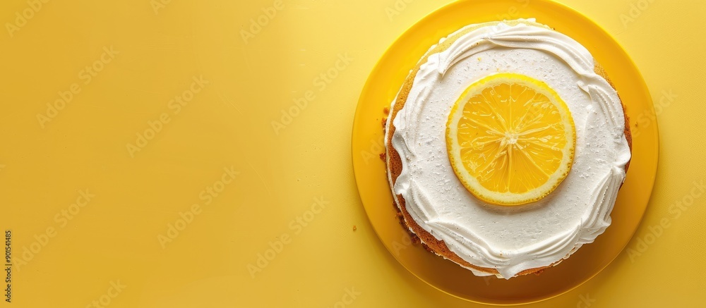 Poster top-down view of a lemon cake on a yellow backdrop with copy space image.