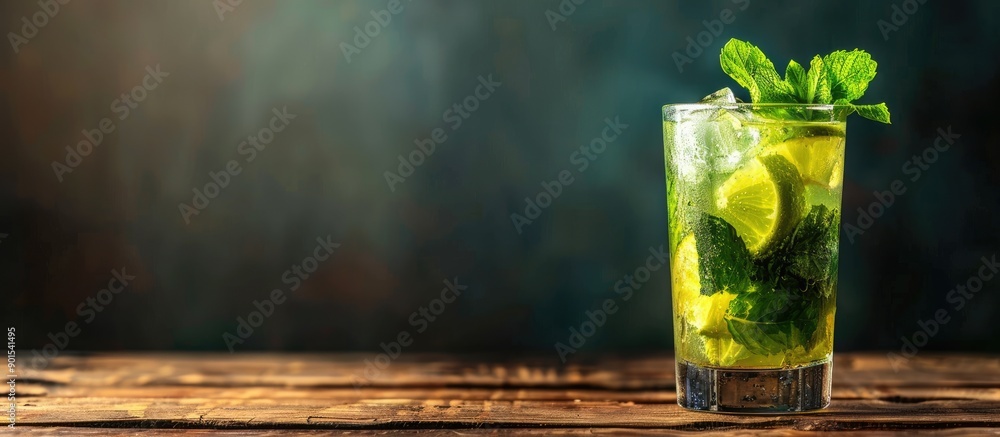 Poster mojito cocktail presented on a wooden table with space for text or graphics in the background. image