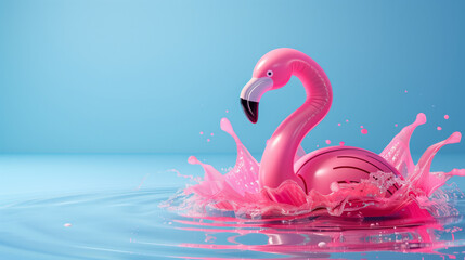 Fototapeta premium 3d pink flamingo on blue background isolated. Summer holiday vacation presentation background. Fresh bright colors.