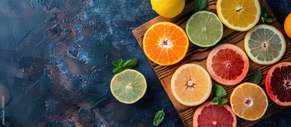Poster various sliced citrus fruits displayed on a wooden board, seen from above in a visually appealing la