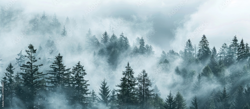 Poster misty fog enveloping a pine forest amidst mountain peaks providing a serene backdrop in the copy spa