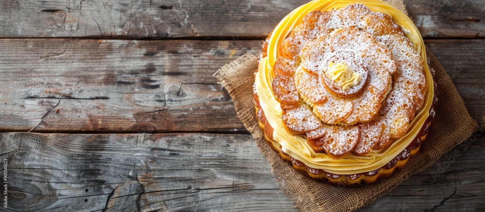 Poster top view of a delectable napoleon cake on a wooden surface with ample space for text in the image.
