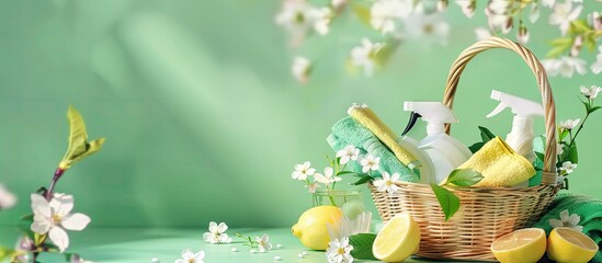 Spring-themed cleaning concept with a basket filled with various cleaning tools and supplies on a green background with spring blossom flowers. Copy space image included.