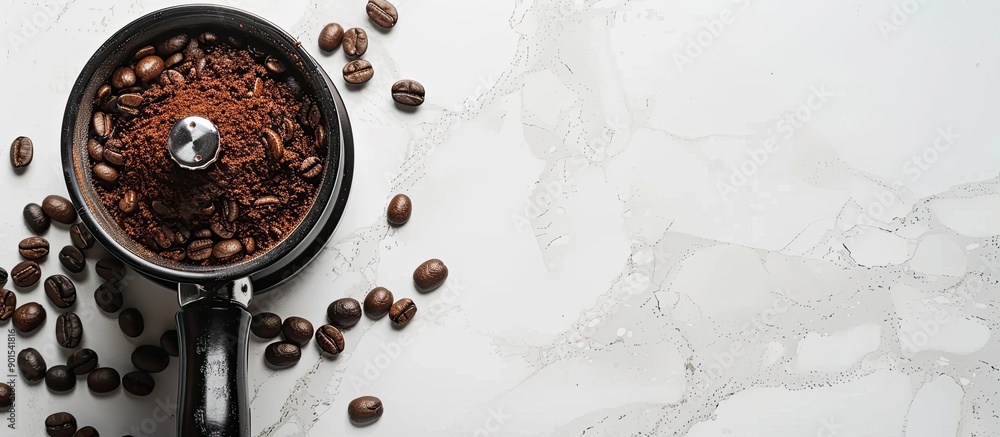 Poster top-down view of a coffee bean and manual grinder on a white tabletop with copy space image availabl