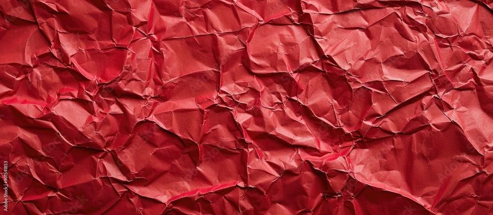 Poster top view of a crumpled red paper background with texture, offering copy space image.